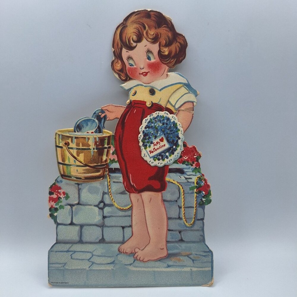 Vintage Standing Die-Cut Valentine Card Girl Watering Flowers Cute Retro Design‎